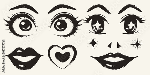 Foto Expressive Eyes And Lips Collection Black Ink Vector Illustration