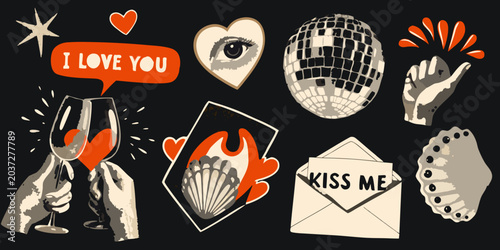 Foto Romantic Symbols Collage Illustrated Style With Black Background