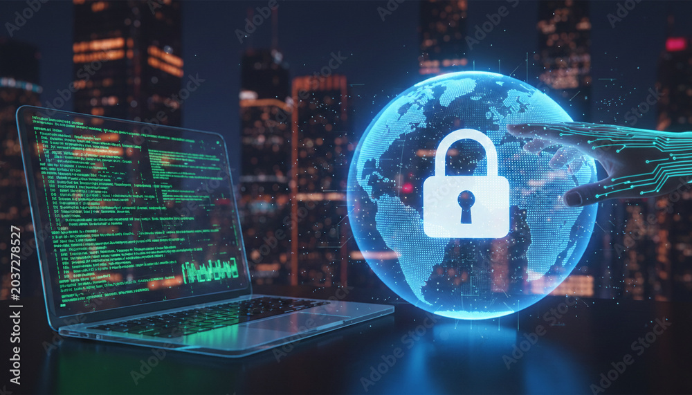 Fototapeta premium Digital globe with lock icon and laptop displaying code, symbolizing global data security and cybersecurity, representing technology and protection.