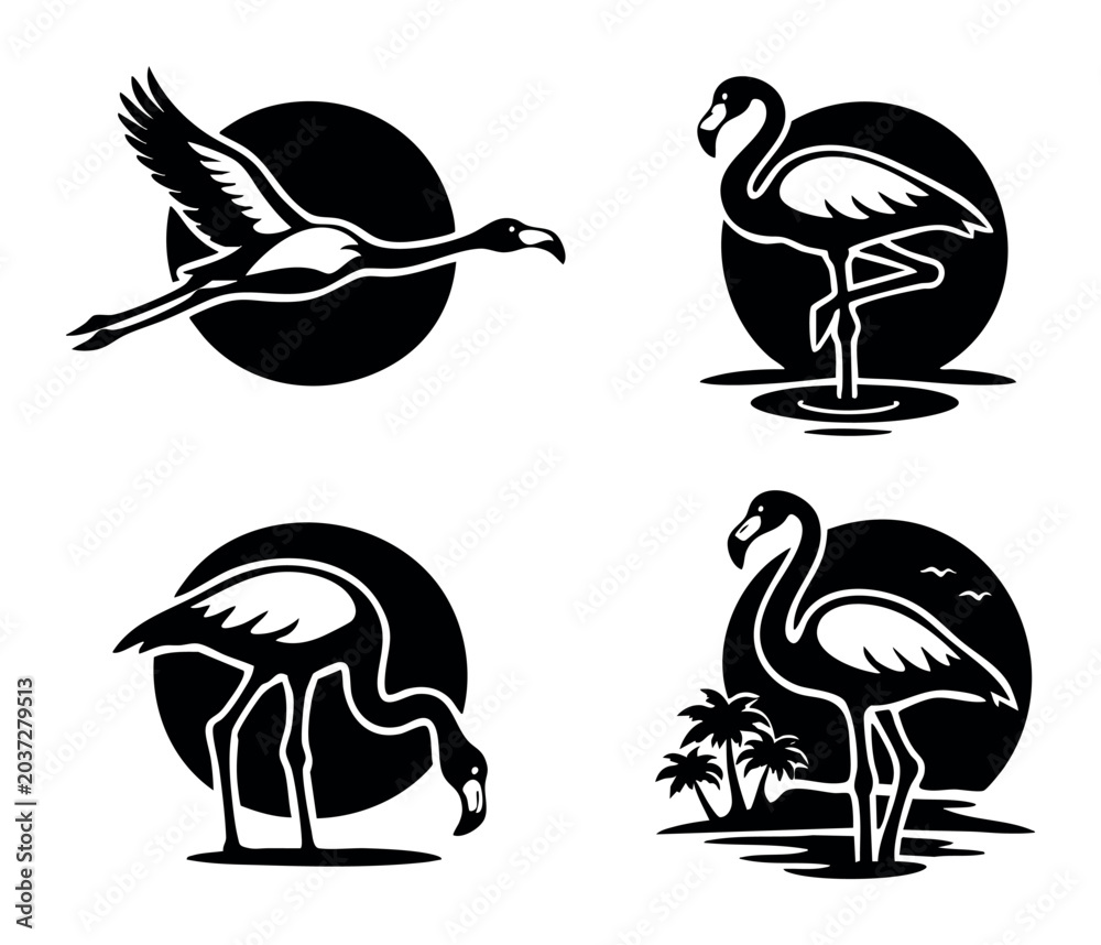 Fototapeta premium Flamingo bird silhouettes in various poses representing tropical wildlife and nature concept logos against a dark circle background