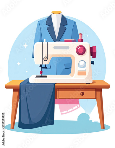 Картината върху платно Sewing machine on wooden worktable indoors.