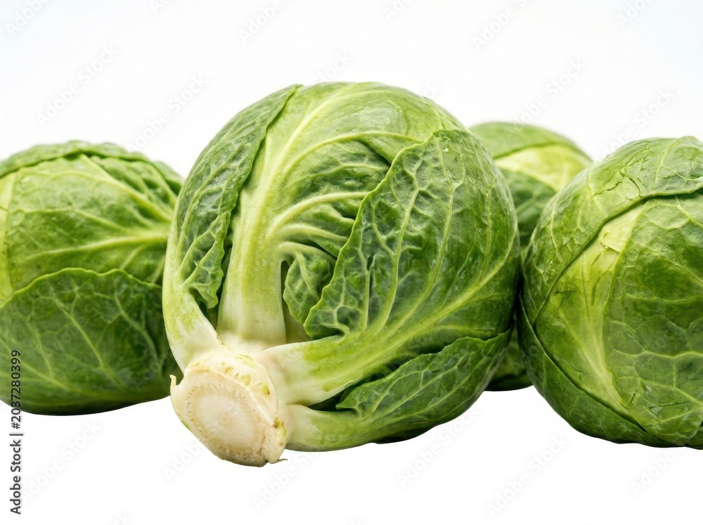 Obraz premium Fresh green cabbage heads arranged closely together on a clean white background