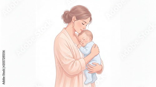 Tender moment of a mother gently holding and looking at her sleeping newborn baby in her arms.