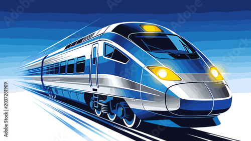 Photos A sleek, modern blue and silver high-speed train races along a track, conveying a sense of rapid motion and advanced technology