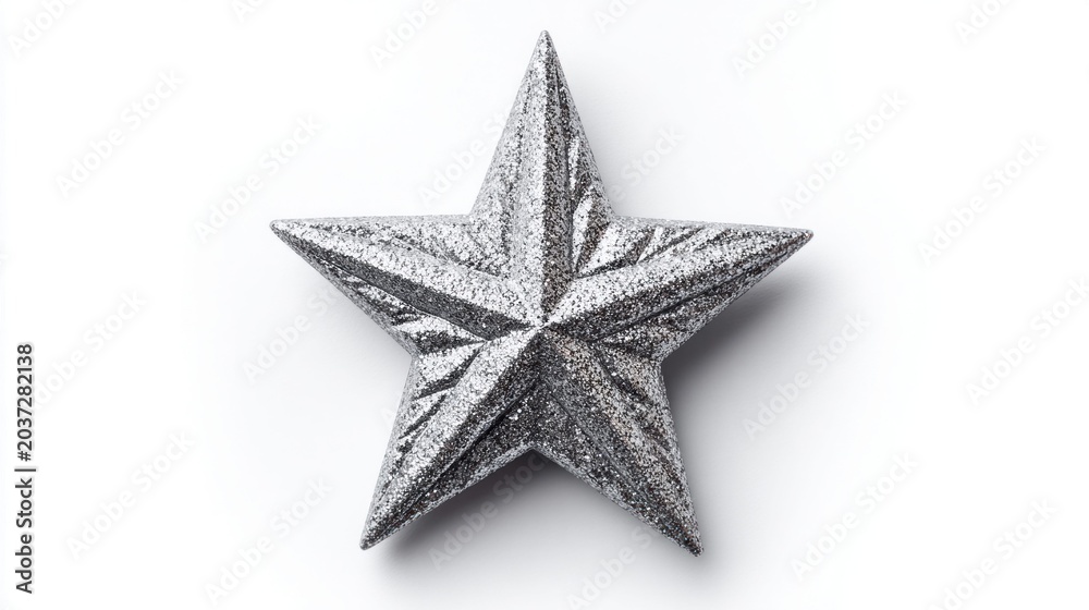 Fototapeta premium Sparkling silver star ornament with textured surface on a clean white background