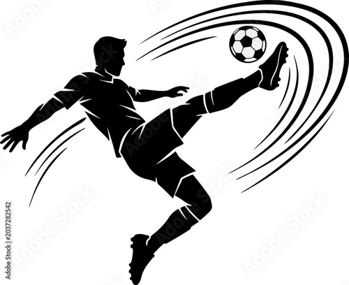 Fotografía Dynamic black silhouette of a fifa soccer player performing an acrobatic high ki