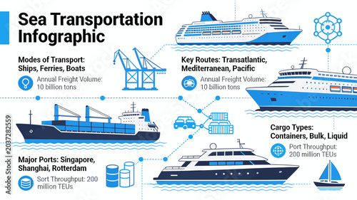 Bild auf Leinwand Infographic detailing sea transportation, including modes, key routes, cargo types, major ports, and annual freight volume