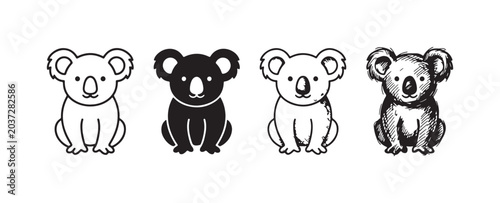 Photography Four charming illustrations of a sitting koala, showcased in varied artistic interpretations: a crisp outline, a strong solid fill, a nuanced line art, and a textured sketch