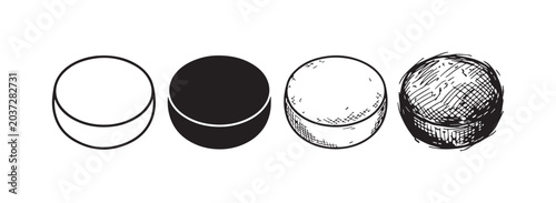 Photography Four black and white hand-drawn hockey puck icons, rendered in various artistic styles from clean outline to detailed, textured sketch