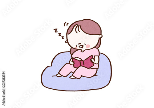 Canvastavla Woman dozing off while reading a book on a cushion, relaxation time concept
