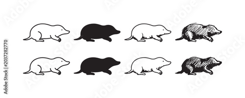 Foto Set of two mole or burrowing animal illustrations, depicted on all fours facing right, presented in four distinct styles including outline, solid, line art, and sketch