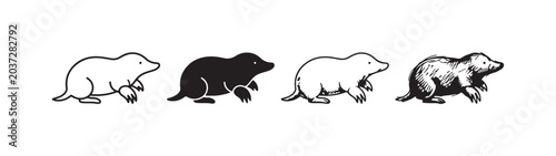 Foto Mole or burrowing animal with a raised front paw, facing right, depicted in a set of four distinct styles: outline, solid, line art, and textured sketch