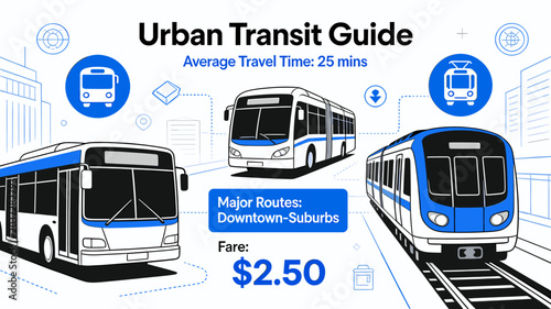Konstfotografi Urban Transit Guide showcasing buses and a train, highlighting average travel time, major routes, and fare information for city transportation