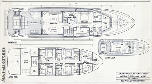 Canvastavla Technical drafting design of a luxury superyacht layout showing main deck and lo