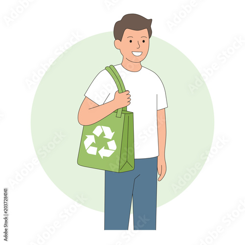Young smiling man holding a green reusable shopping bag with recycle symbol. Eco friendly shopping, zero waste lifestyle, recycling, plastic free and sustainable living concept. Flat vector.