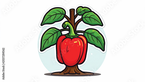Schilderij op canvas Red Bell Pepper Plant Growing Fruit.