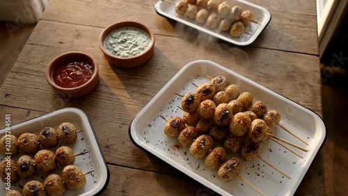Grilled skewers of seasoned meat served with dipping sauces on a wooden table, infused with warm, natural light