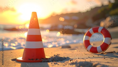 Orange traffic cone and life buoy on a sandy beach at sunset