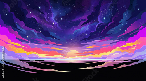 A breathtaking anime-style sky landscape, a vast expanse of deep space merging with a fantastical sunset