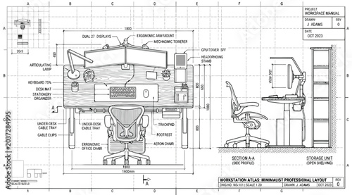Vászonkép Technical blueprint of a modern professional workstation layout with detailed di