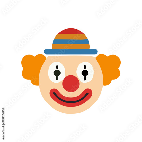 Clown face with colorful hat on.