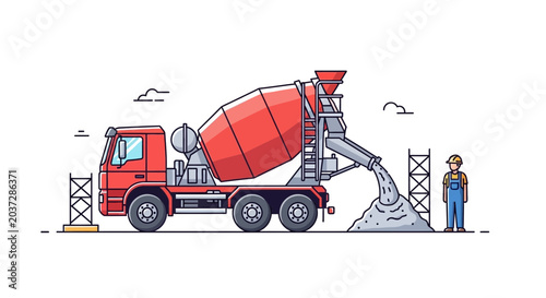 Konstfotografi Construction worker overseeing concrete mixer truck pouring cement at building site