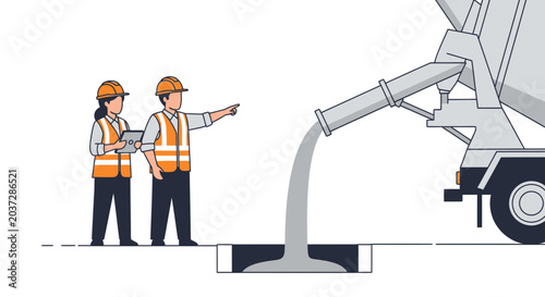 Fotografía Construction workers supervising concrete pouring from truck into foundation