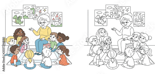 Fotografie Teacher telling a story to a diverse group of children in classroom, color and b