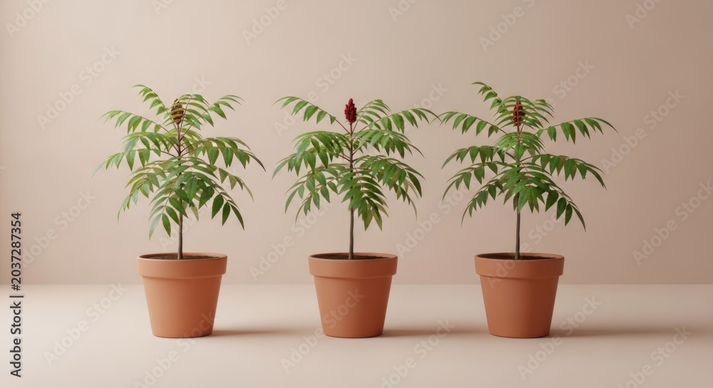 Fototapeta premium Three potted plants with green leaves and brown pots on a neutral background.