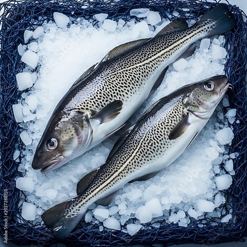 fresh, whole Atlantic Cod (Torsk) on a bed of crushed ice and blue fishing net material, simulating a market display.
