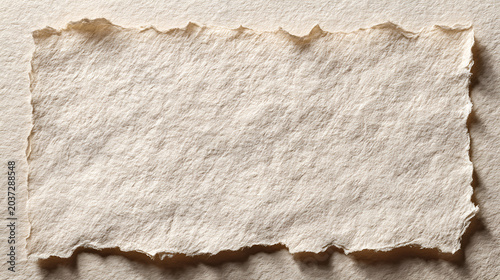 Rough handmade textured paper with torn edges, creating a blank cream colored background or frame for text, design, or artistic concepts