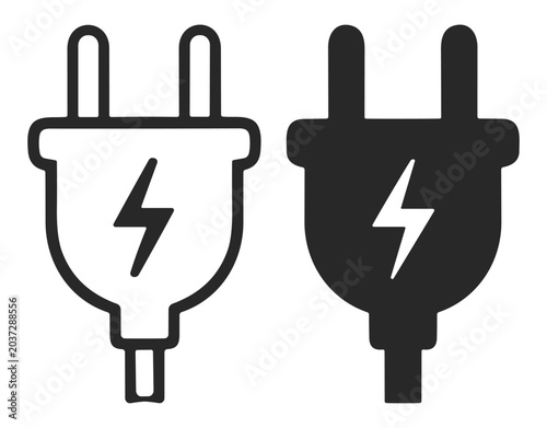 Photos Electric power plug icons with lightning bolt symbol in black and white illustra