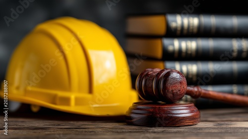 Yellow safety helmet and judge gavel on table symbolizing injury claim process and workers compensation legal action.