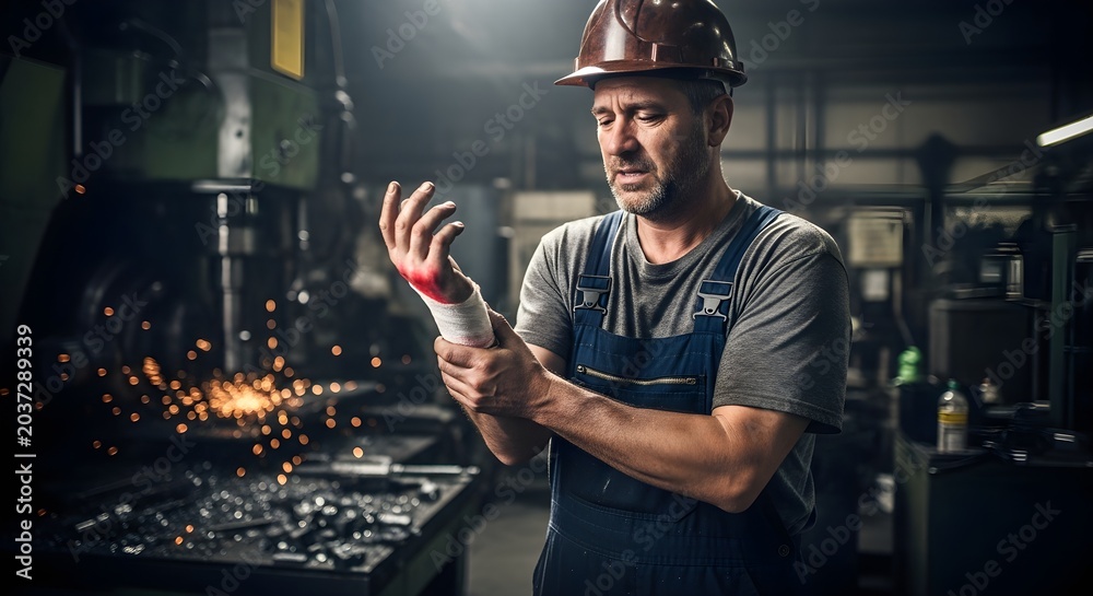 Fototapeta premium Factory worker in hard hat holding injured wrist next to metal grinding sparks, representing workers compensation work injury and workplace accident claim.