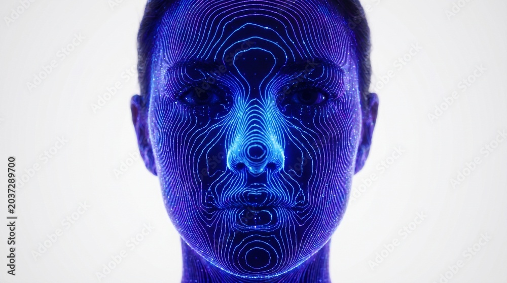 Fototapeta premium Close-up of a human face rendered with intricate blue topographic lines on a white background, showcasing digital mapping and biometric data.