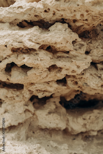 Bild auf Leinwand Macro limestone rock texture with natural holes porous surface warm beige minera