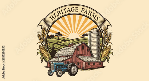 Old School Rustic Farm Emblem Design with Golden Sun Rays and Agricultural Landscape
