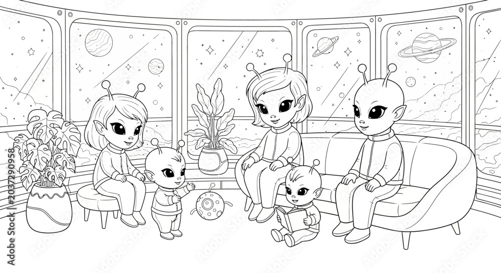 Fototapeta premium Adorable alien family relaxing in a futuristic spaceship living room, observing planets and stars through large windows. Detailed line art for coloring.