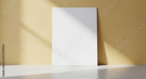 Blank white poster on beige background.