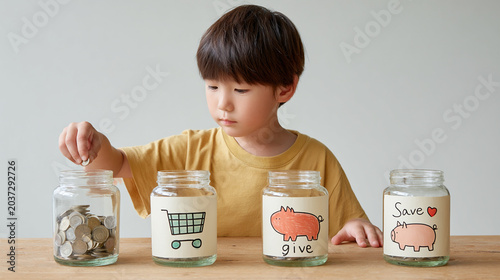 Child organizes coins in jars labeled for shopping, saving, and giving during a financial literacy activity at home