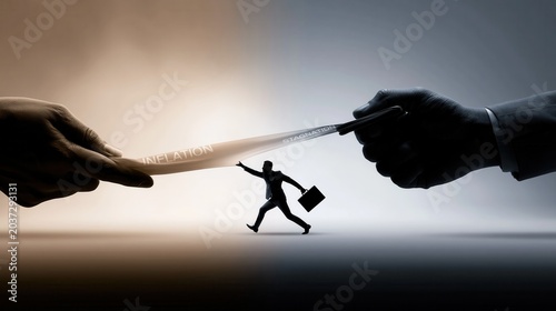 Surreal Wide Shot of a Businessman Pulled Between Inflation and Stagnation with Pen and Hands in a Dramatic Dual-Tone Setting