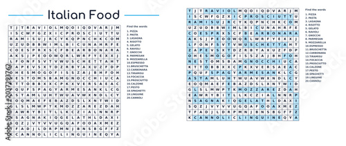A puzzle for finding words about food on the theme of Italian food for children and adults in a grid format on a transparent background – Printable worksheet