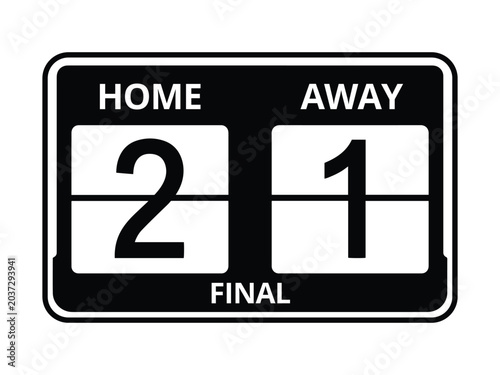Black and white vintage mechanical flip sports scoreboard graphic showing a final match score of home two and away one.