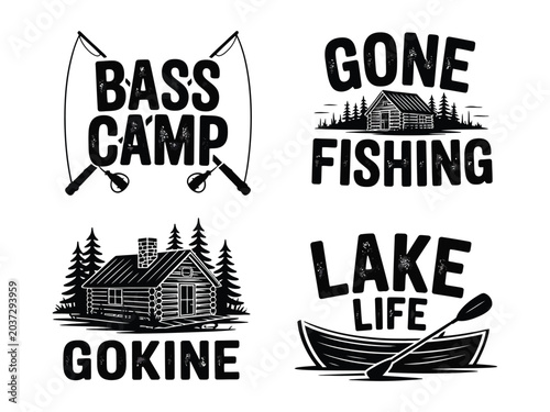 Foto Black and white lake life and fishing illustrations with cabins and boats  outdo