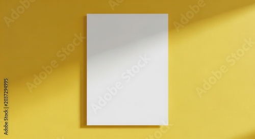 Blank white rectangular card casting a shadow on a yellow background with sunlight.