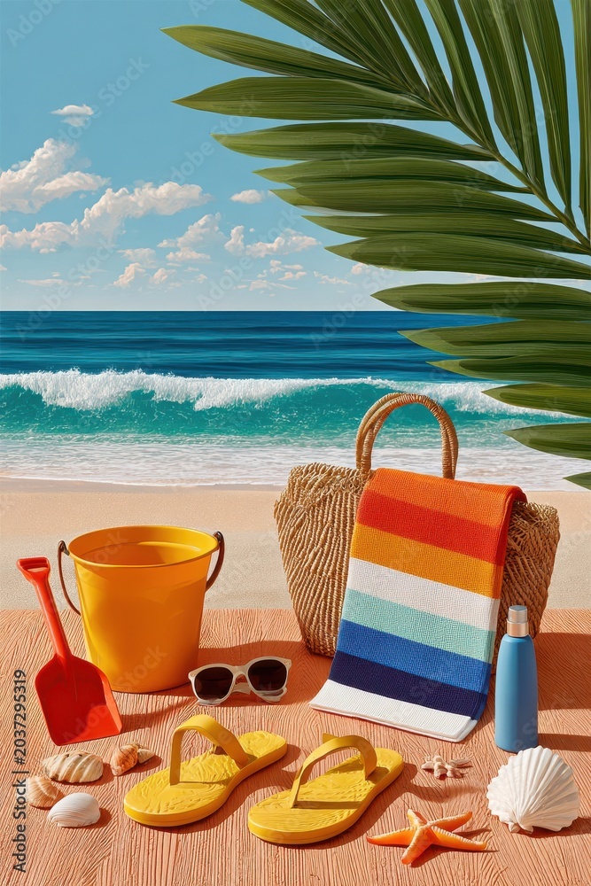 Obraz premium Bright beach scene with colorful towel, yellow flip-flops and summer essentials by the sea