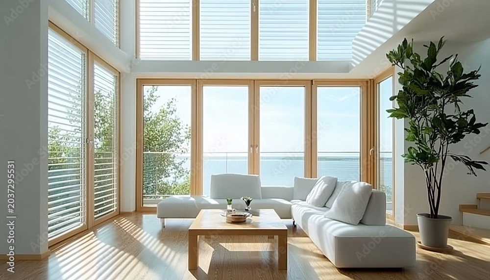 Fototapeta premium Bright and Airy Interior of a Modern Stylish Room with Panoramic Windows and Minimalist Design