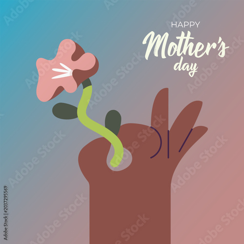 Happy mother’s day greeting card with flower in black hand and abstract feminine illustration in modern minimal style.