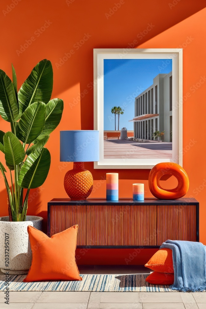 Naklejka premium Bright orange interior vignette with modern decor, blue lamp, indoor plant and framed coastal photo