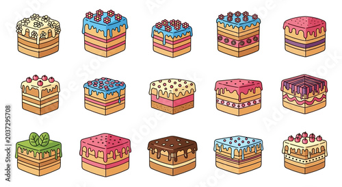 Colorful cakes with various toppings.